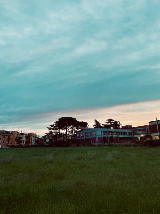 A serene twilight scene with a grassy field, silhouetted buildings, and a sky transitioning from soft blues to warm oranges, evoking calm and quiet
